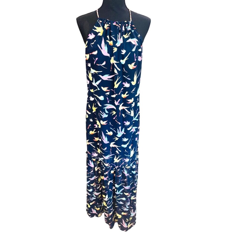 Chelsea & Violet Navy Bird Print Maxi Semi Sheer Halter Open Back Tassel Dress